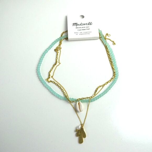 Madewell Fresh Water Pearl Beaded Shell Gold Tone Necklace Set Aqua Mint Teal - Picture 1 of 6